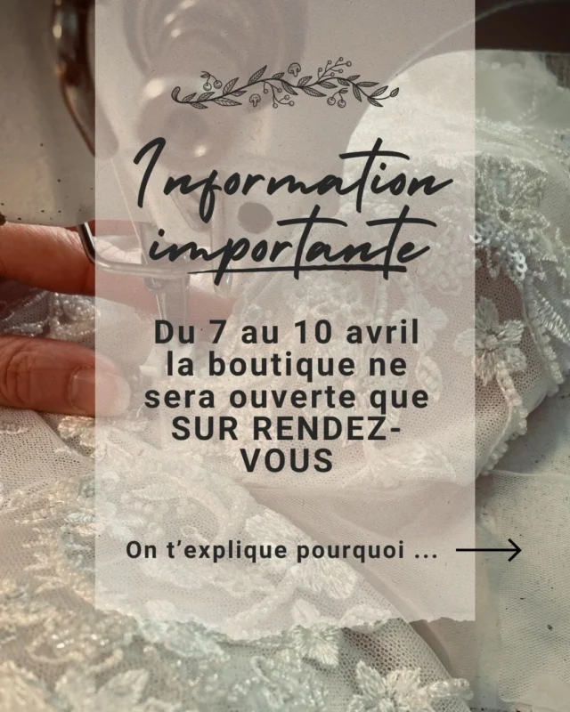 Nous sommes toujours honorées de vous voir pousser la porte de notre boutique pour trouver votre tenue cocktail. Vous êtes toujours plus nombreuses et nous vous en remercions !❤️La période des confections et des livraisons des commandes de nos mariées s’intensifie, et nous devons rester derrière notre machine (pédale à fond) 🚀pour réaliser chaque projet avec sérénité et qualité.Nous prenons la décision de fermer la boutique aux SANS RENDEZ VOUS pour quelques jours.
Les rendez vous deja fixés sont bien conservés !😉‼️RÉCAPITULONS 📝 Du 7 avril au 10 avril, la boutique ne sera ouverte que pour les rendez vous déjà posés.
Tu n’as pas rendez vous ?! Alors on se retrouve à partir du samedi 11/04.☺️Nous vous remercions pour votre compréhension et votre confiance 🫶.Marie et Fanny
Atelier M&F