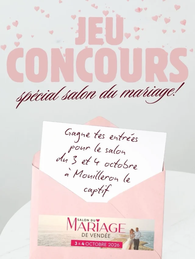Future mariée ? C’est ton jour de chance ! Nous lançons aujourd’hui le jeu concours pour gagner 2 entrées au superbe salon du mariage de Vendée qui aura lieu les 3 et 4 octobre à la longere de beaupuy à mouilleron le captif .
Le tirage au sort du concours aura lieu lundi 28 septembre à 12h. Comment participer ?
♥️like notre page + ce post sur insta ou Facebook
🤝republie ce post en nous mentionnant @atelier_m_et_f ainsi que @salondumariagedevendee
🍀Double tes chances en repartageant ce post en story !
🍀🍀🍀triple tes chances en mentionnant un ami, futur conjoint, un parent, un voisin…bref qui tu veux 😉
Ce salon c’est L’occasion de venir nous rencontrer sur notre stand, et admirer nos créations aux 3 défilés par jour !
Profitez de votre venue pour compléter votre portefeuille de prestataires, et partager une belle journée dans ce beau cadre.Bonne chance 🍀
