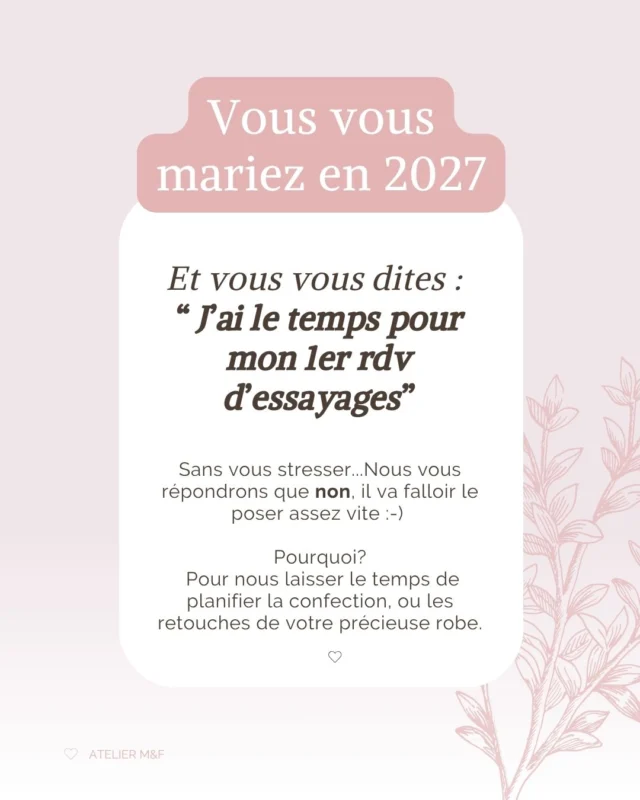 Nous voyons le planning se remplir rapidement, et vous êtes encore nombreuses à nous dire vouloir venir faire un essayage chez nous, alors n'attendez pas trop pour poser ce premier rendez d'essayages!
Vous pouvez le prendre dès à présent sur notre site internet, ou par téléphone
n'hésitez pas à nous contacter si besoin
Au plaisir de vous voir en boutique!Marie & Fanny
Atelier M&F
16 grande rue
85500 LES HERBIERS
contact@ateliermetf.fr
09.82.58.71.65
ateliermetf.fr