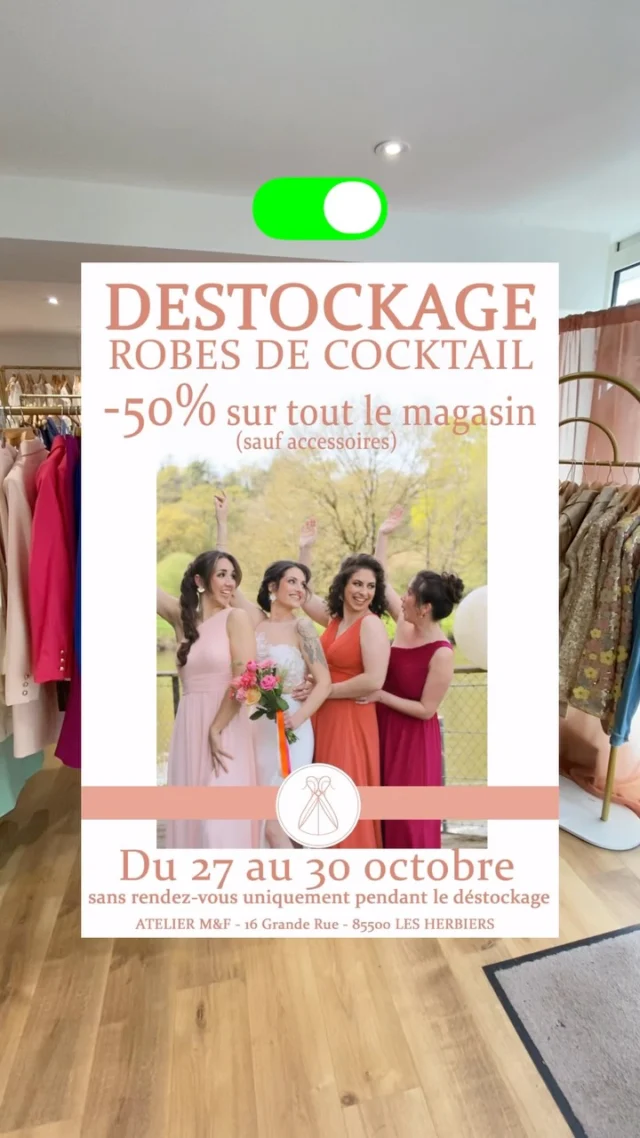 C’est parti! 
4 jours de destockage sur tout notre rayon cocktail! 🤩
C’est le@moment de vous faire plaisirs et de trouver la retenue idéale pour votre prochain événement ! 

#robedesoirée #robecocktail #mariage